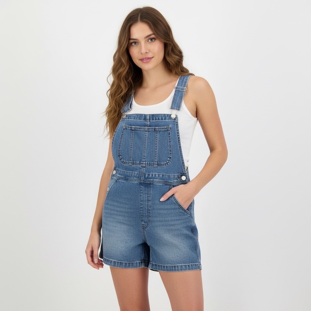 Womens Denim Shortalls Medium Wash Bib Overalls Size Large 11-13